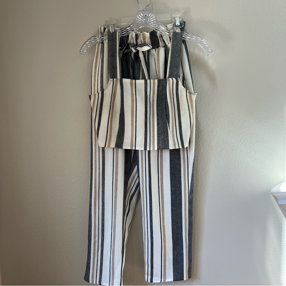 Striped Pants and Tank Top Set - White, Blue & Tan